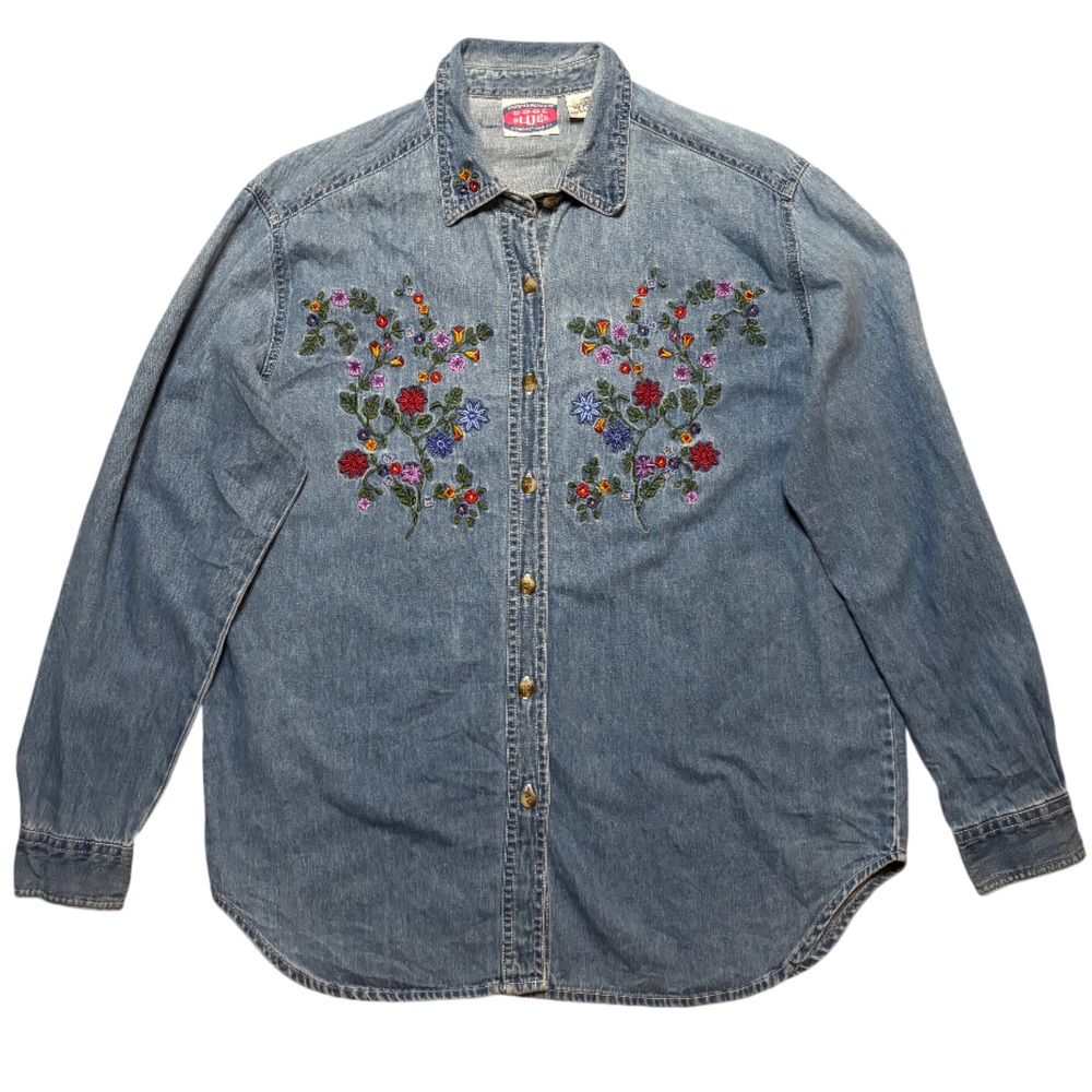 Vintage Cool Blues Floral Embroidered Floral Denim Buttondown size S Oversized